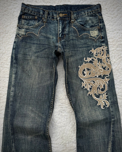 Tornado Mart Mud Wash Tribal Embroidery Flared Jeans