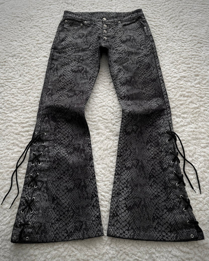 Tornado Mart Python Coated Lace Up Flared Jeans