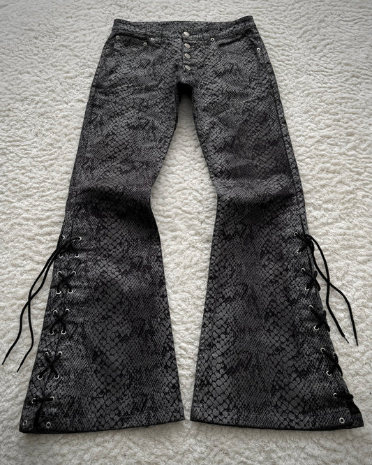 Tornado Mart Python Coated Lace Up Flared Jeans