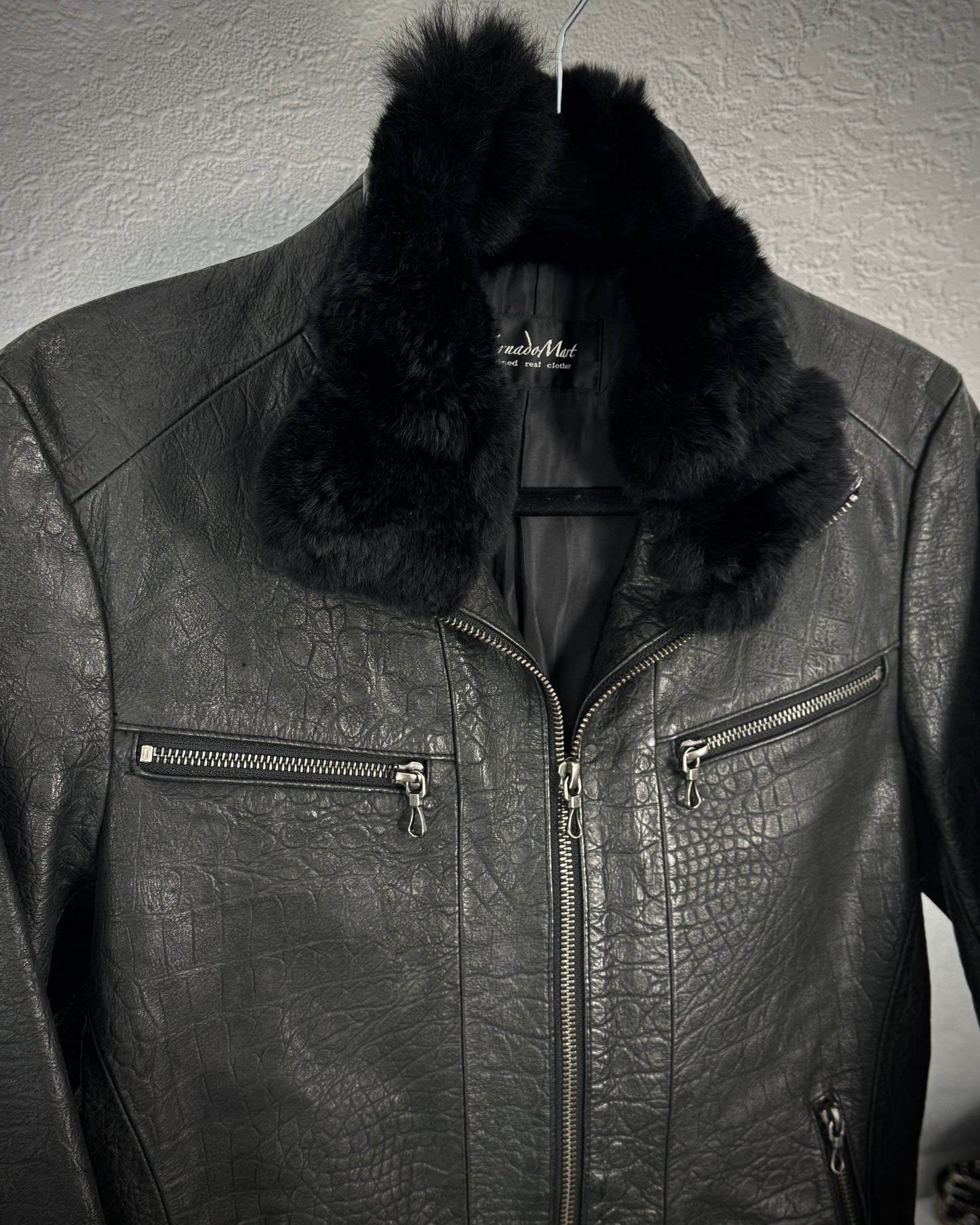 Tornado Mart Crocodile Textured Leather Fur Jacket