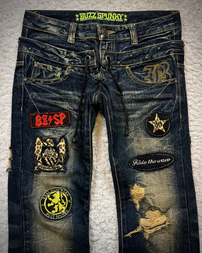 Buzz Spunky Double Waisted Lace Up Studded Flared Jeans