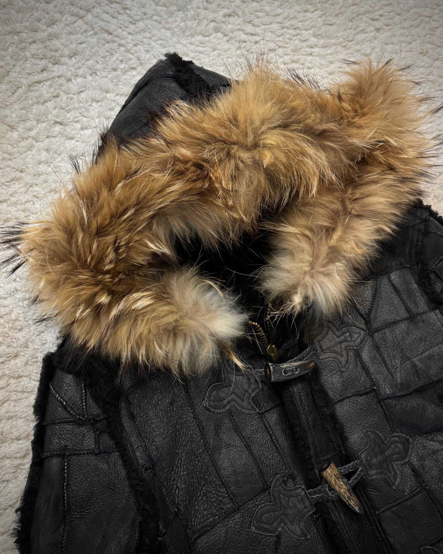 Royal Flash Fur Hood Leather Patchwork Jacket
