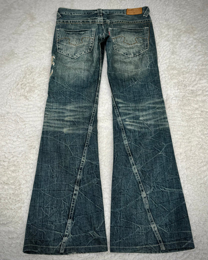 Tornado Mart Tribal Tattoo Embroidery Spiral Flared Jeans