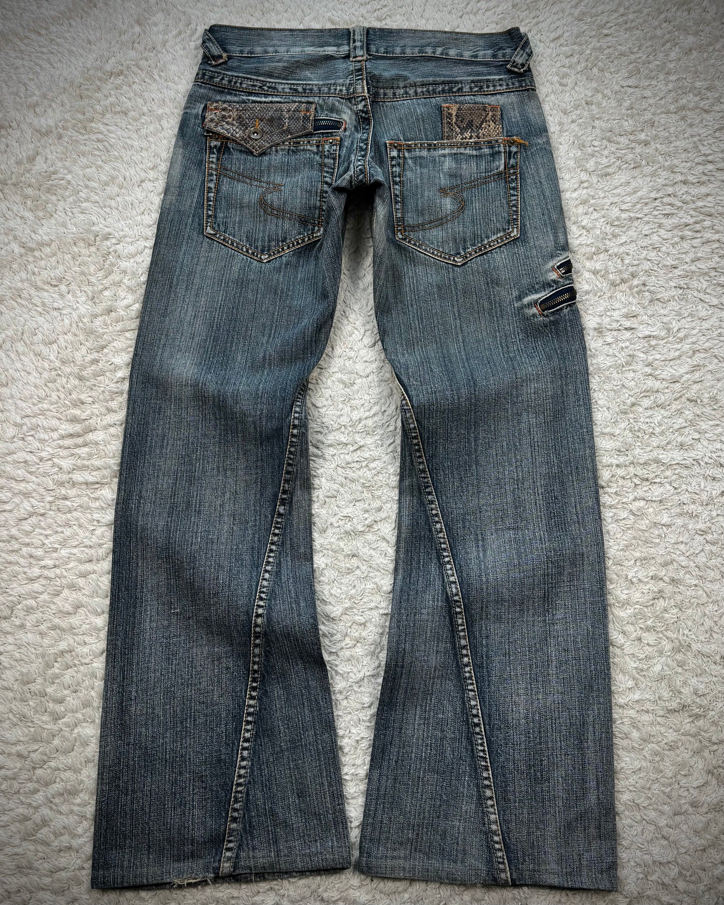 Semantic Design Python Pocket Detailed Spiral Flared Jeans