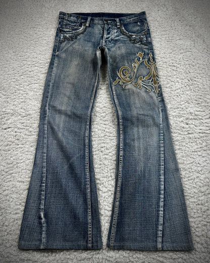 Tornado Mart Tribal Embroidery Spiral Flared Jeans