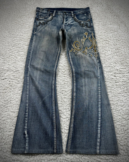 Tornado Mart Tribal Embroidery Spiral Flared Jeans