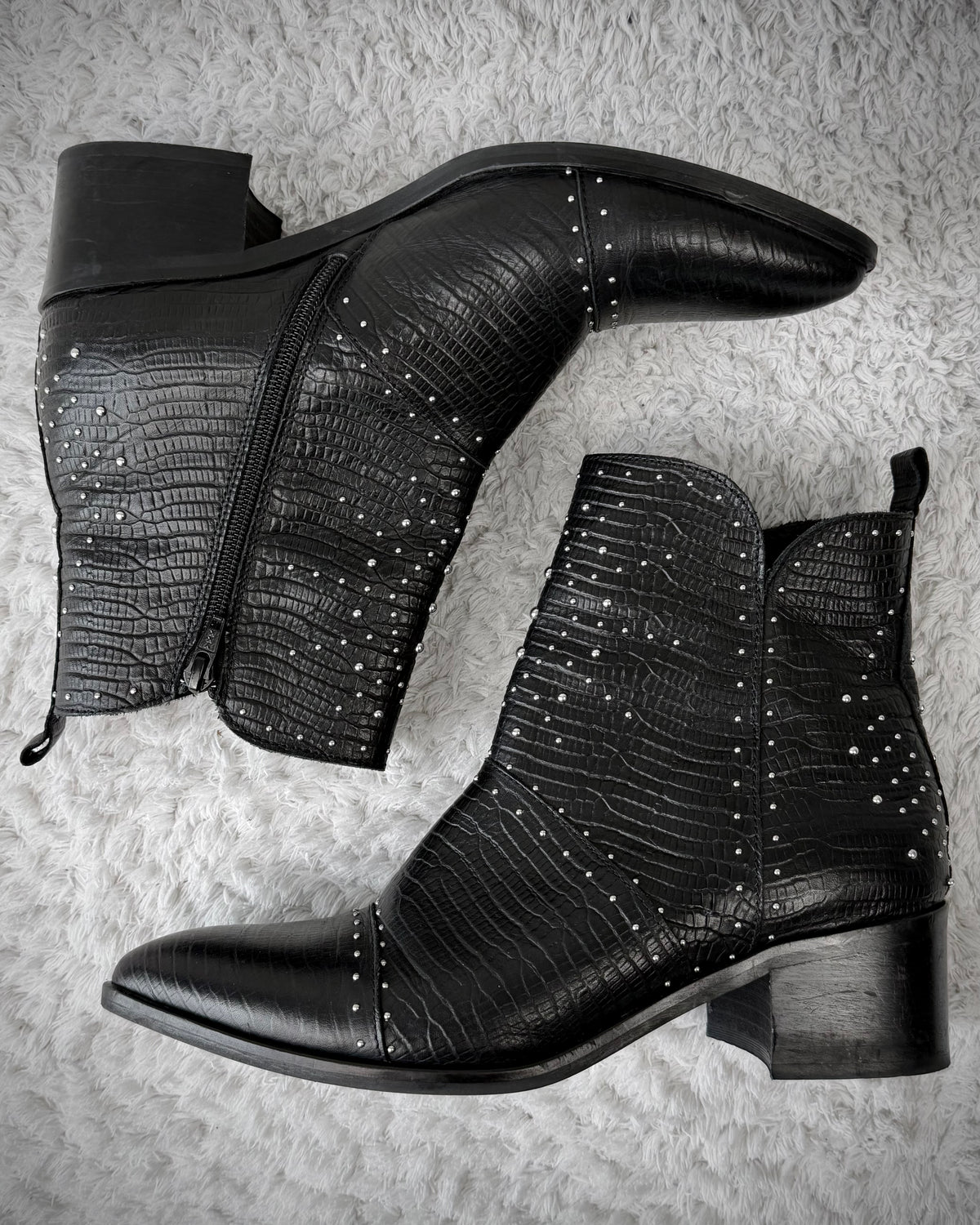 Sacha Reptile Textured Studded Leather Boots