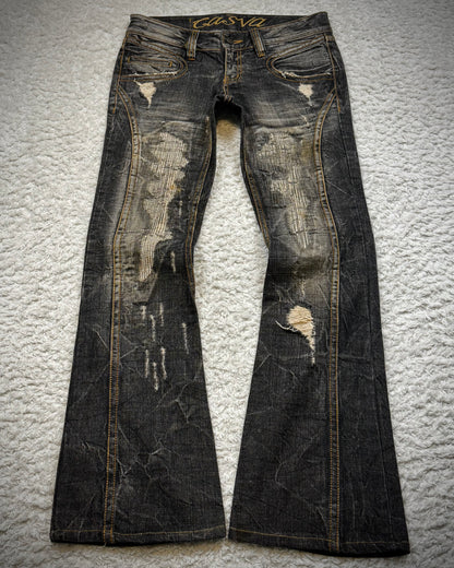 Casva Repaired Distressing Vintage Flared Jeans