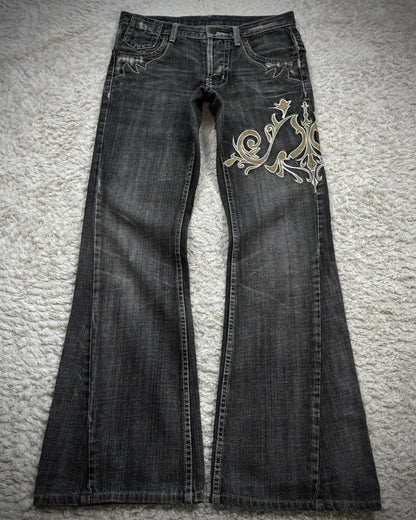 Tornado Mart Tribal Embroidery Spiral Flared Jeans