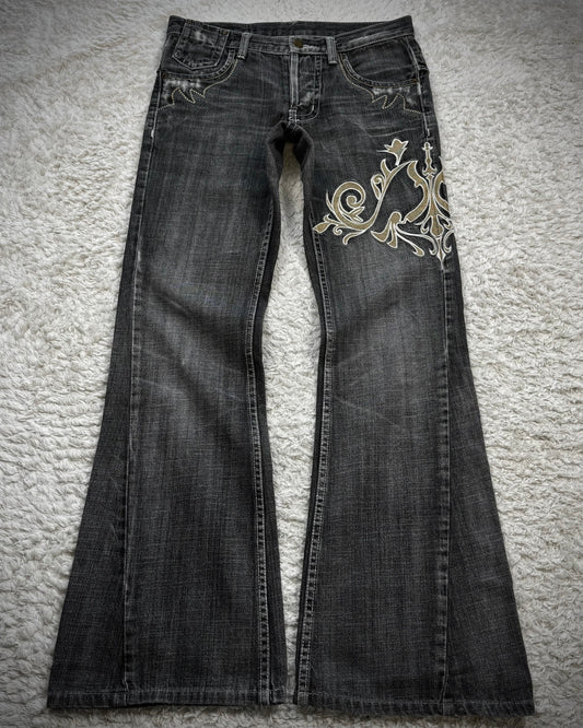Tornado Mart Tribal Embroidery Spiral Flared Jeans