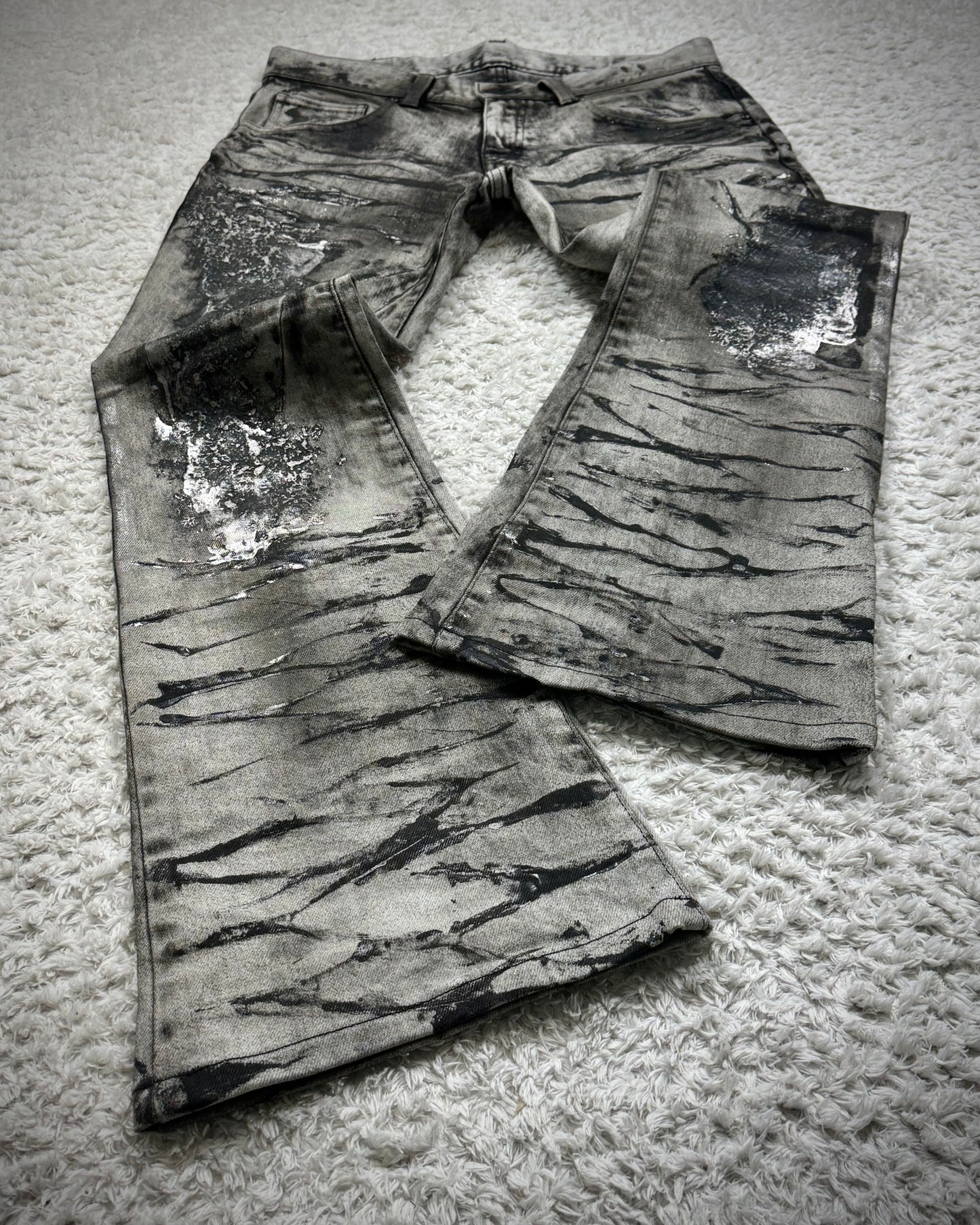 Tornado Mart Silver Clawmarks Coated Flared Jeans