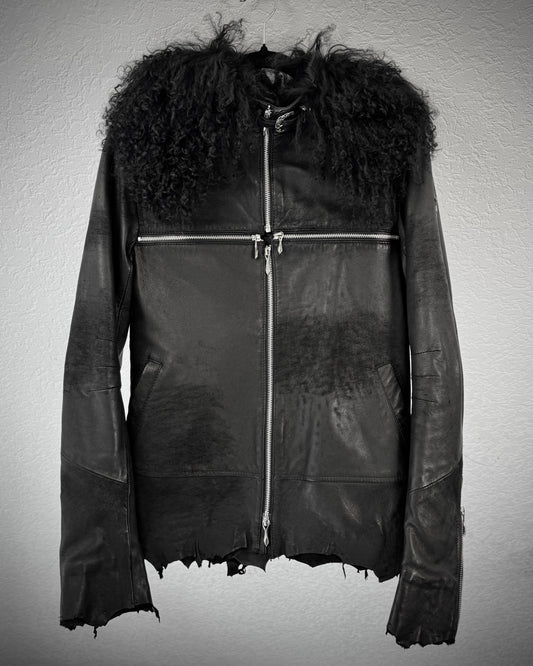 14th Addiction Mouton Fur Cross Zip Leather Jacket