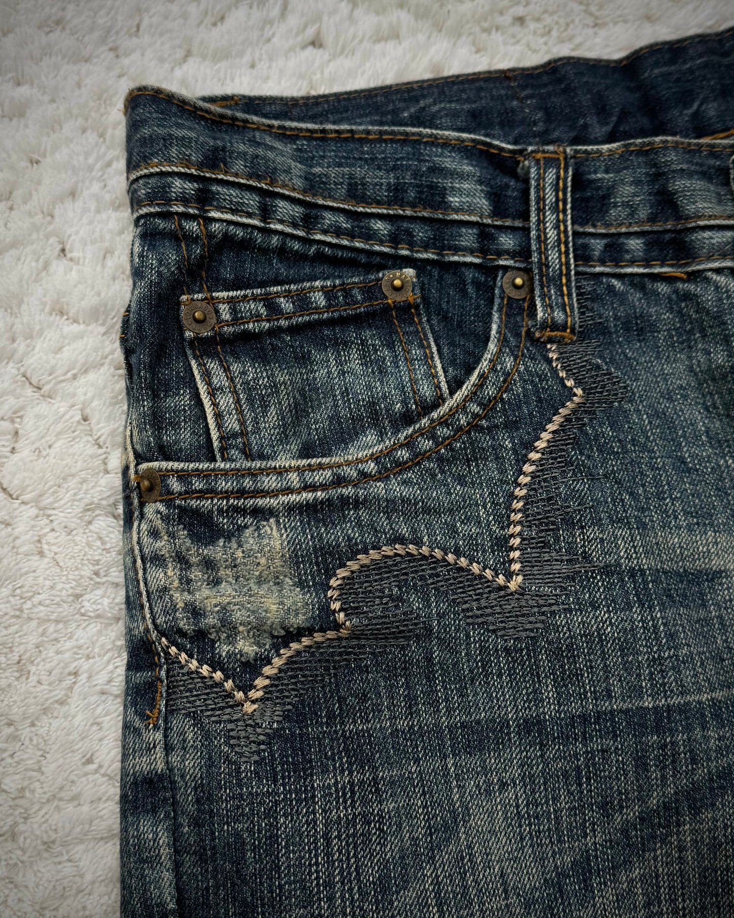 Tornado Mart Mud Wash Tribal Embroidery Flared Jeans