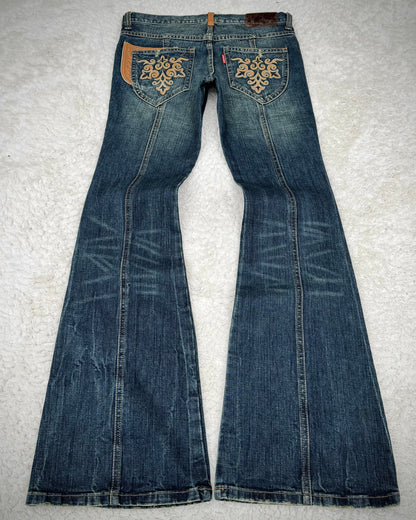 Tornado Mart Leather Tribal Mud Washed Flared Jeans