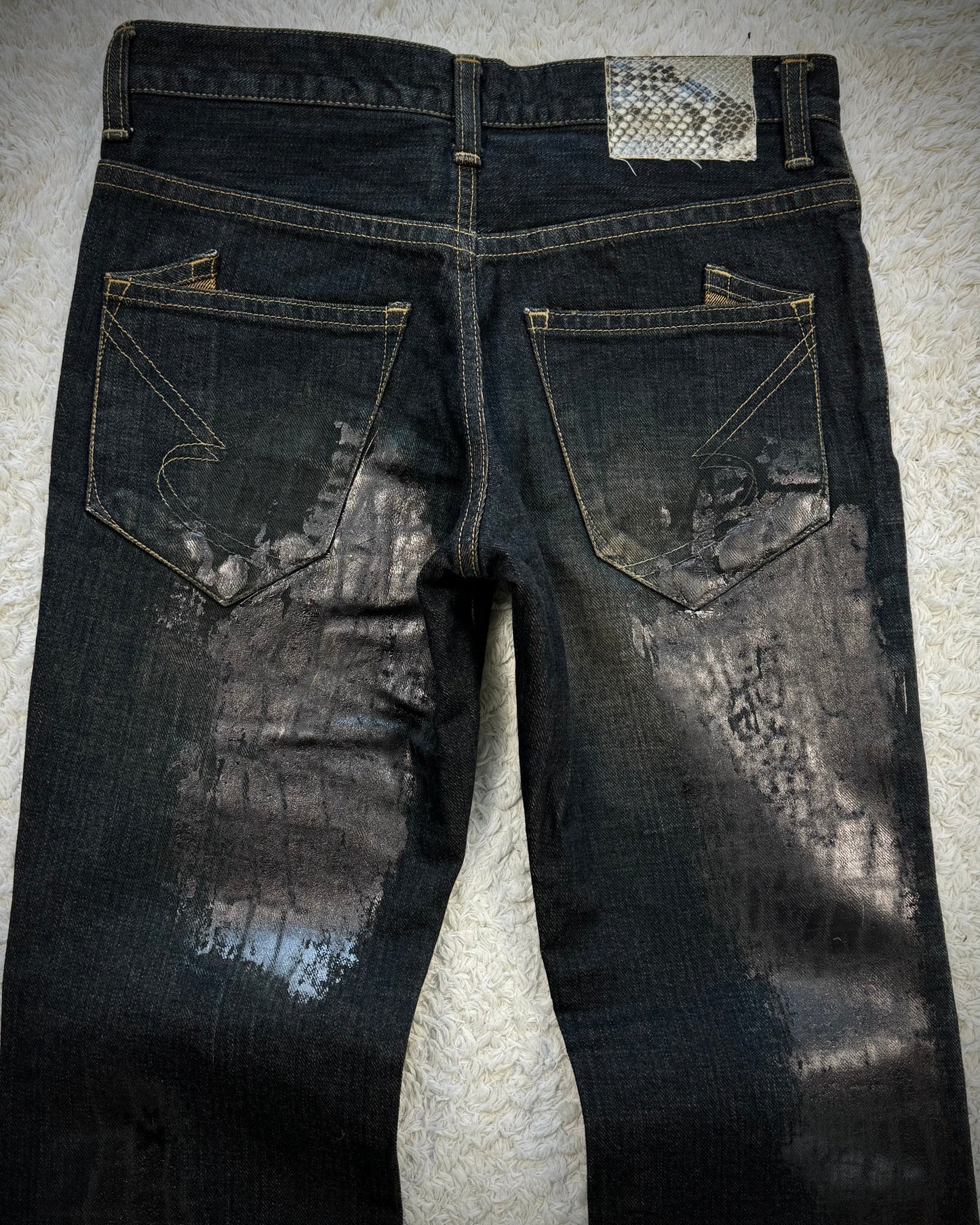 Semantic Design Crocodile Wax Splatter Mud Washed Bootcut Denim