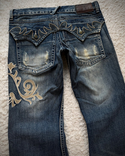 Tornado Mart Tribal Embroidery Spiral Flared Jeans