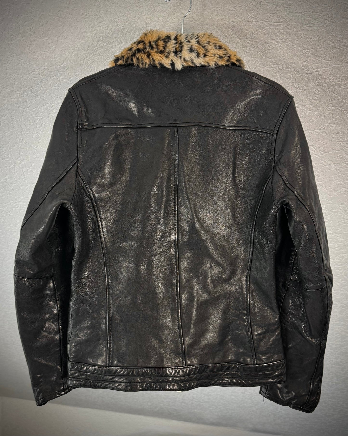 Glamb Leopard Fur Collar Leather Biker Jacket