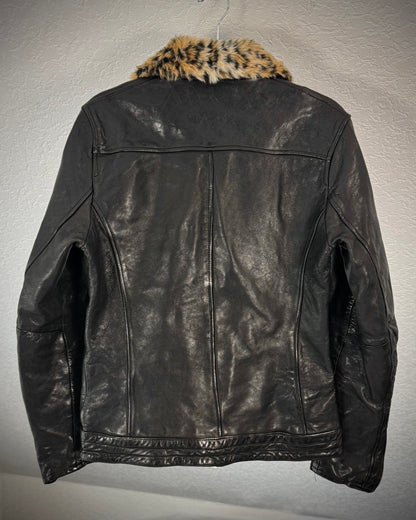 Glamb Leopard Fur Collar Leather Biker Jacket