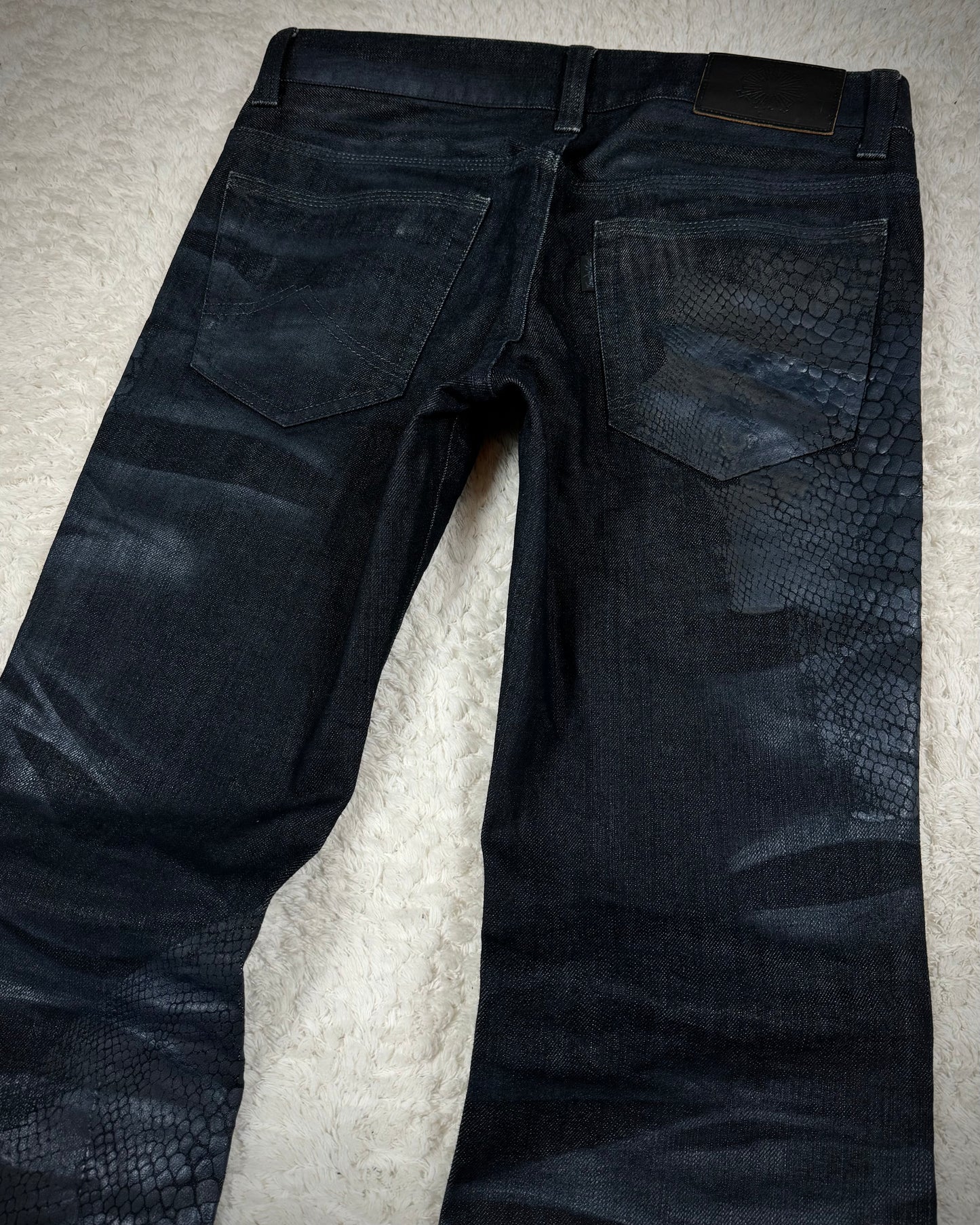 Tornado Mart 3D Python Coated Whisker Waxed Flared Jeans