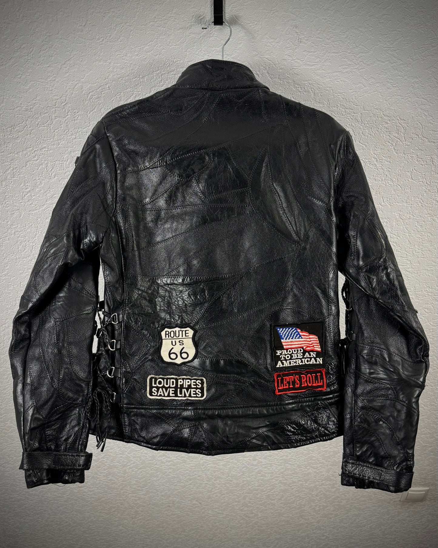 Diamond Plate Lace Up Buffalo Leather Patchwork Biker Jacket