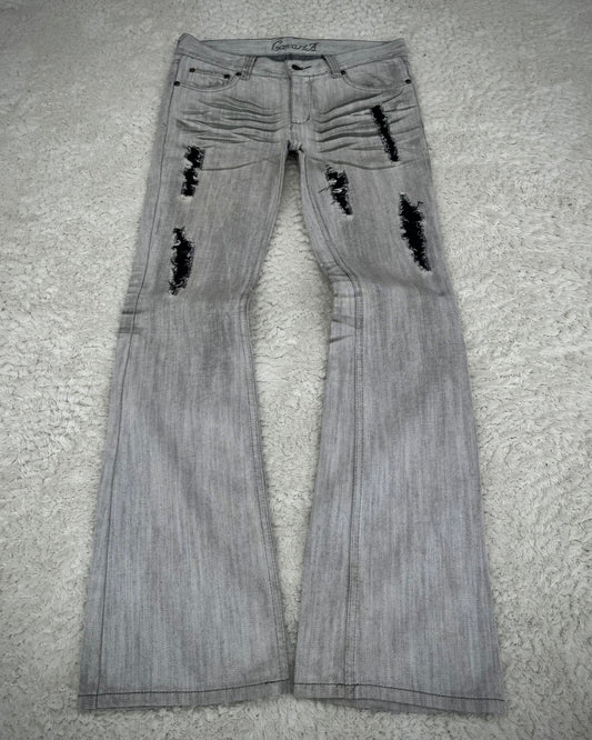 CavariA Ash Claw Marks Washed Distressed Flared Jeans