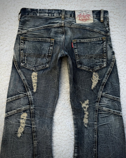 Tornado Mart Multi-Panel Crinkle Washed Flared Jeans
