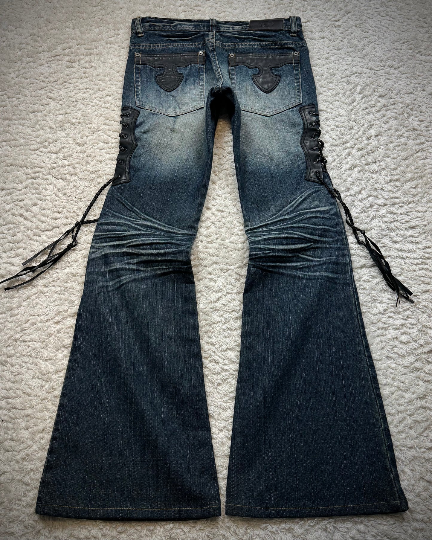 Tornado Mart Leather Lace Up Flared Jeans