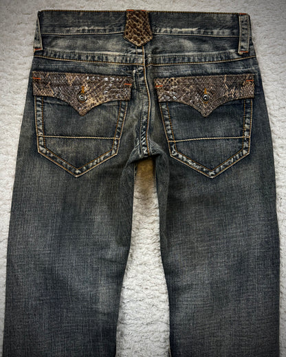 Semantic Design Python Flaps Mud Washed Spiral Flared Jeans