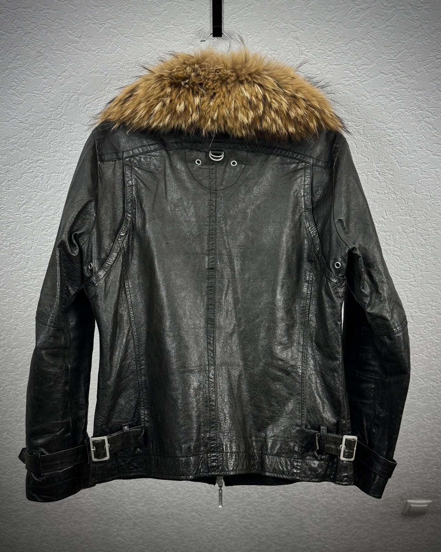 Atelier Sab Men Chunky Raccoon Fur Collar Leather Jacket