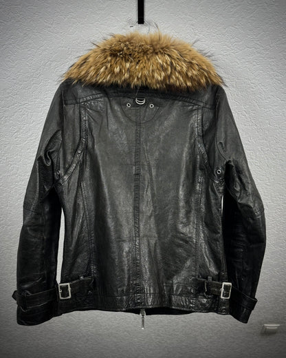 Atelier Sab Men Chunky Raccoon Fur Collar Leather Jacket