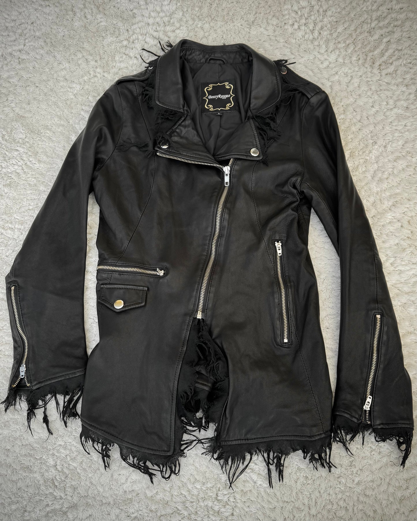 Bossy Raggae Raw Asymmetrical Cut Frayed Leather Jacket