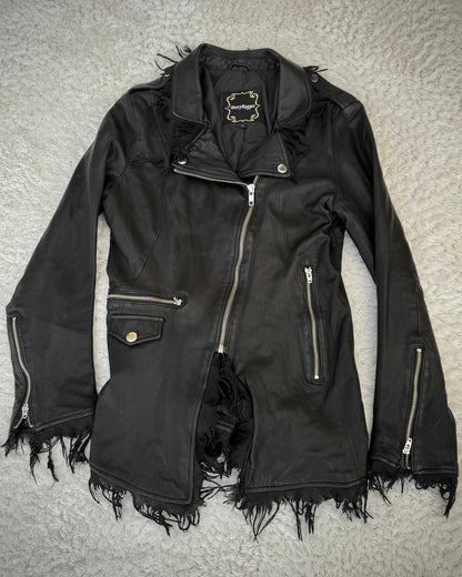 Bossy Raggae Raw Asymmetrical Cut Frayed Leather Jacket