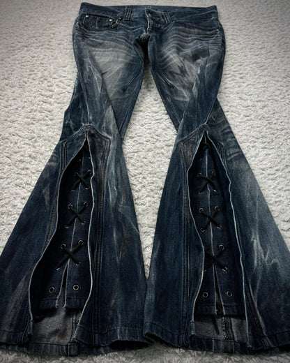 Tornado Mart Wax Brushed Whisker Lace Up Flared Jeans