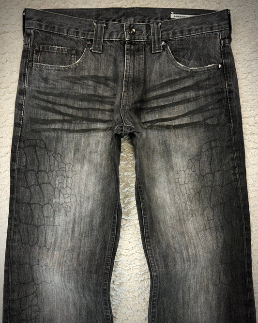 Semantic Design Crocodile Clawmarks Coated Flared Jeans