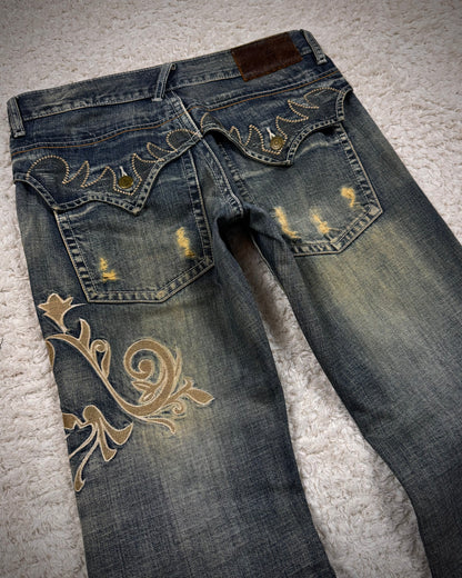 Tornado Mart Mud Washed Tribal Embroidery Flared Jeans