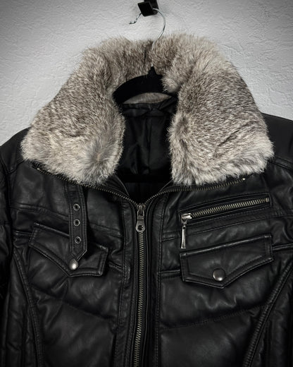 Michel Klein Fur Collar Leather Puffer Jacket