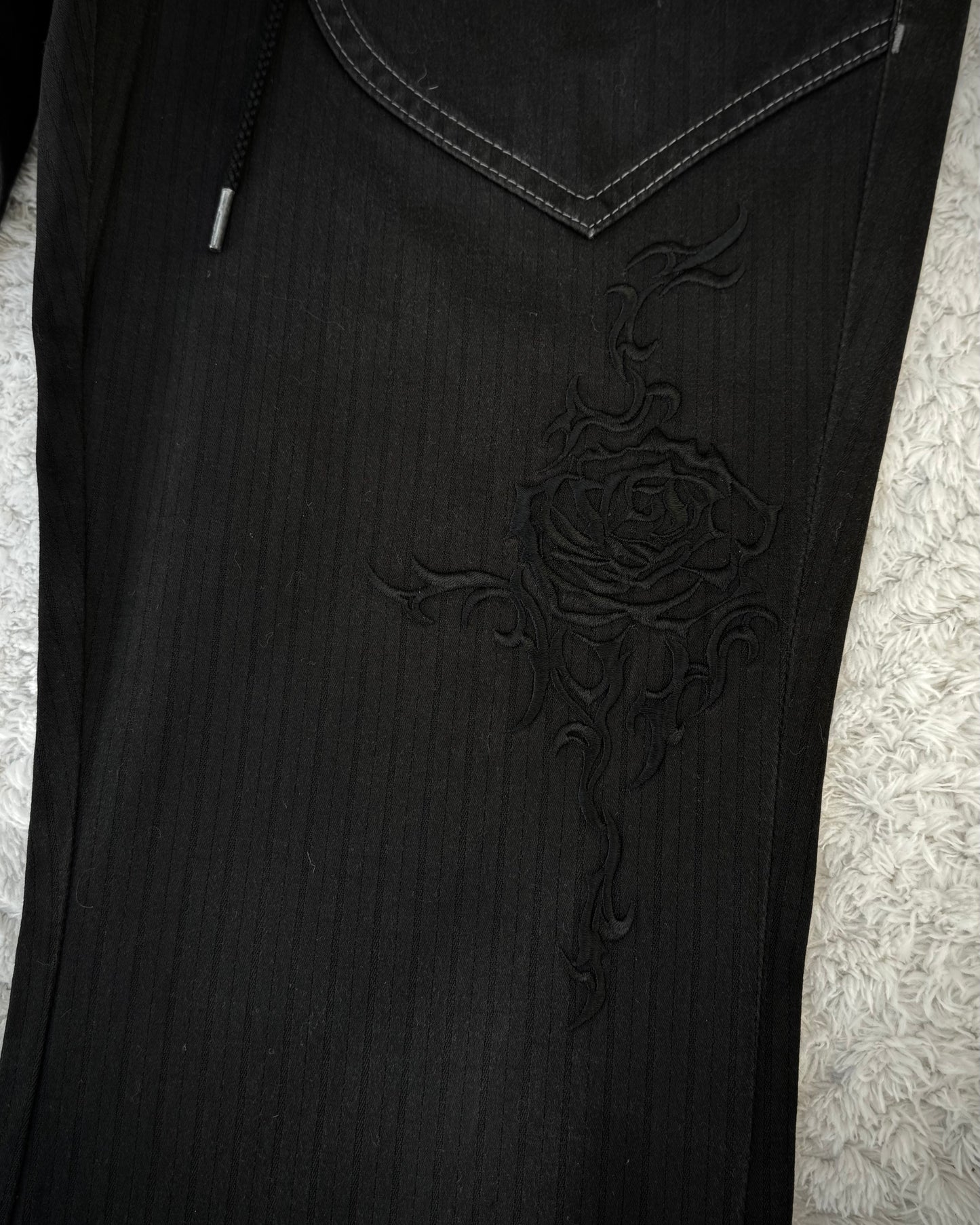 Tornado Mart Double Waisted Tribal Embroidery Pin Stripe Lace Up Flared pants