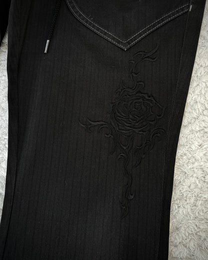 Tornado Mart Double Waisted Tribal Embroidery Pin Stripe Lace Up Flared pants