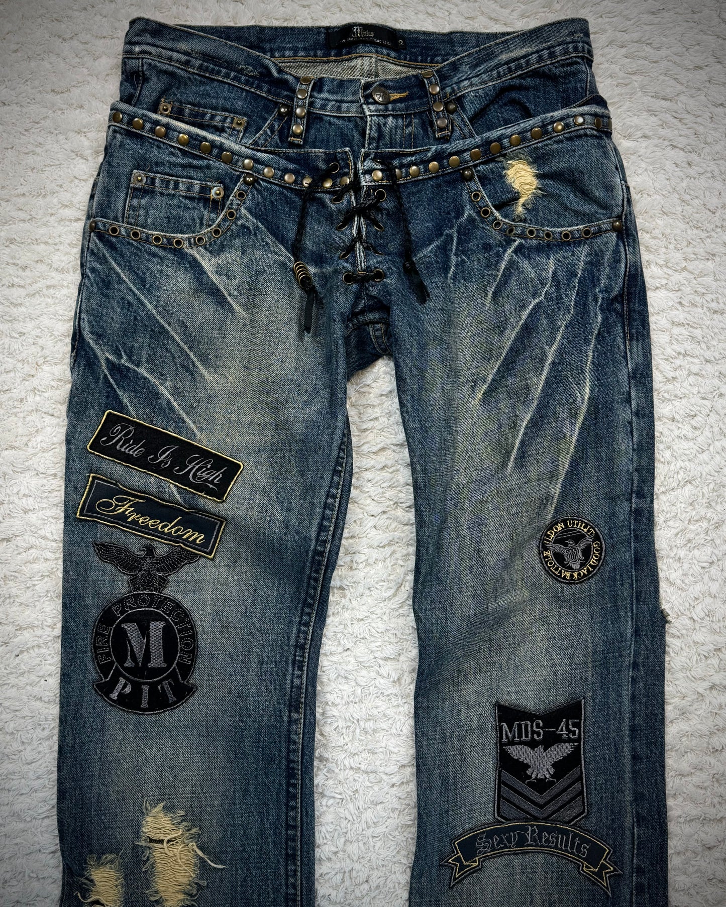 Midas Double Waisted Lace Up Studded Patched Flared Jeans