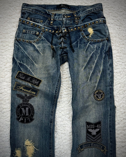 Midas Double Waisted Lace Up Studded Patched Flared Jeans