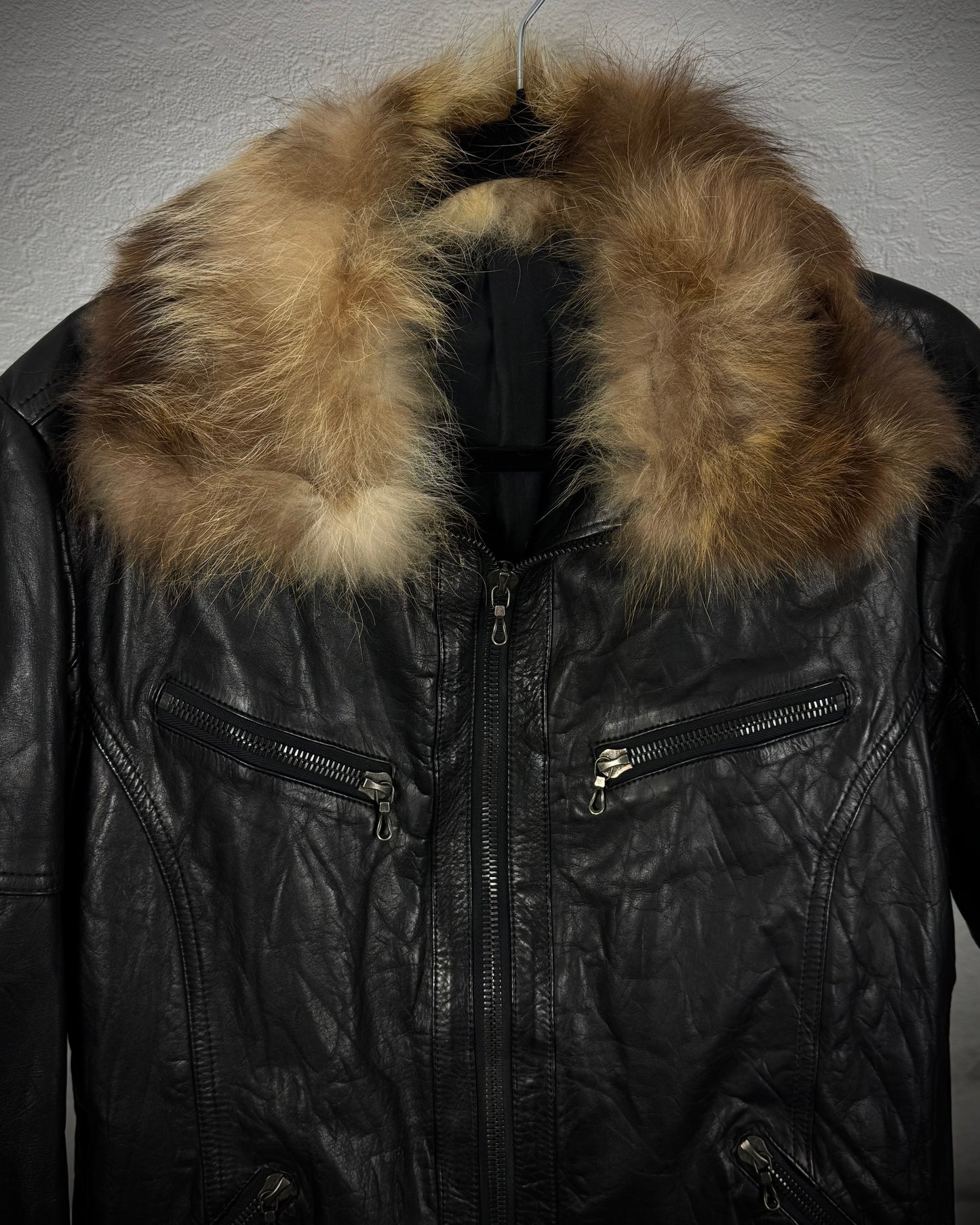 Shellac Fur Collar Cowhide Textured Leather Jacket