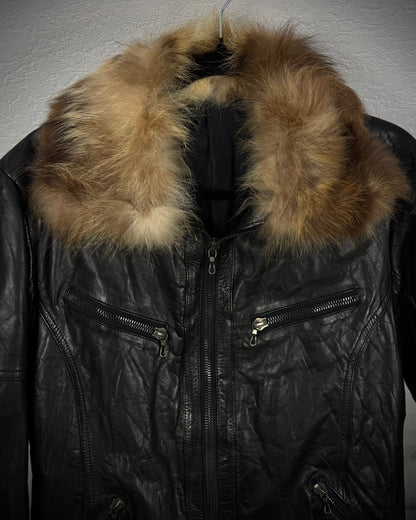Shellac Fur Collar Cowhide Textured Leather Jacket