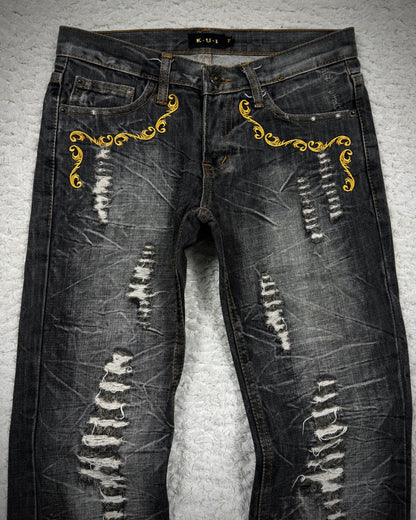K.U.I Tribal Embroidery Distressed Bootcut Jeans