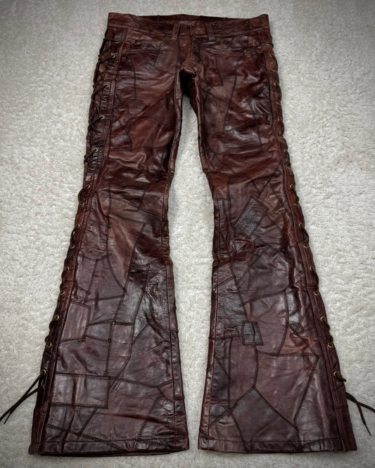 Tornado Mart Oxblood Scar Stitched Leather Patchwork Lace Up Flared Pants