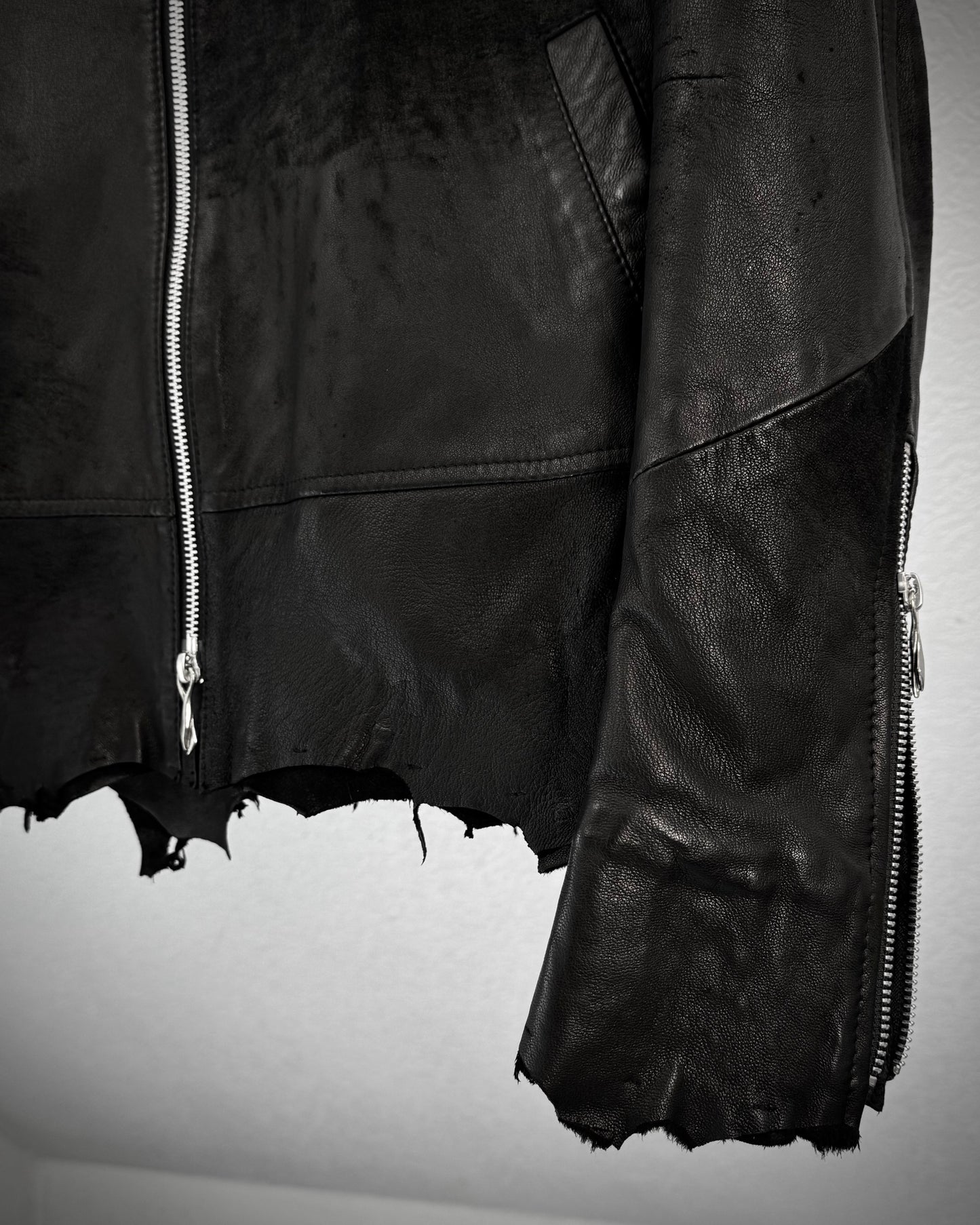 14th Addiction Mouton Fur Cross Zip Leather Jacket