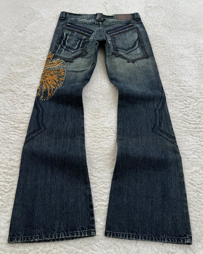 Tornado Mart Tribe Skull Embroidery Flared Jeans