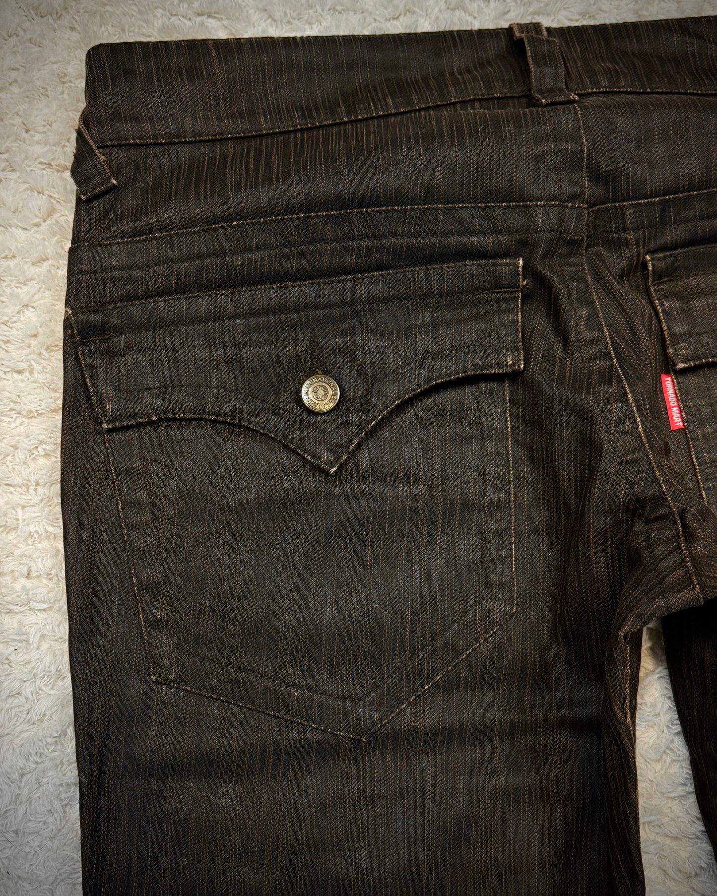 Tornado Mart Waxed Vintage Textured Spiral Flared Jeans