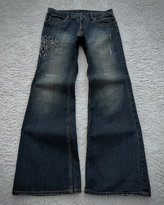 Custom Culture Studded Tribal Cross Embroideries Flared Jeans