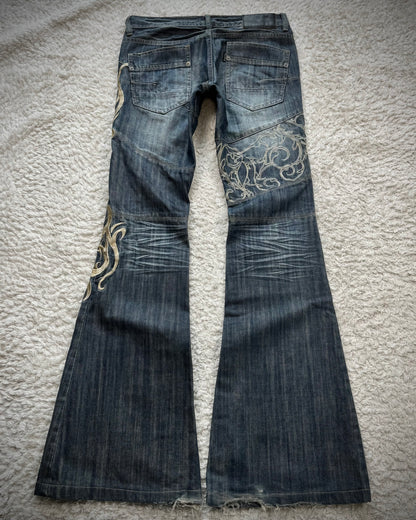 Tornado Mart Tribal Embroidery Bell Bottom Flared Jeans