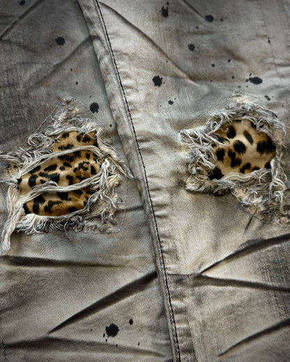 CavariA Leopard Repaired Clawmarks Washed Bootcut Jeans
